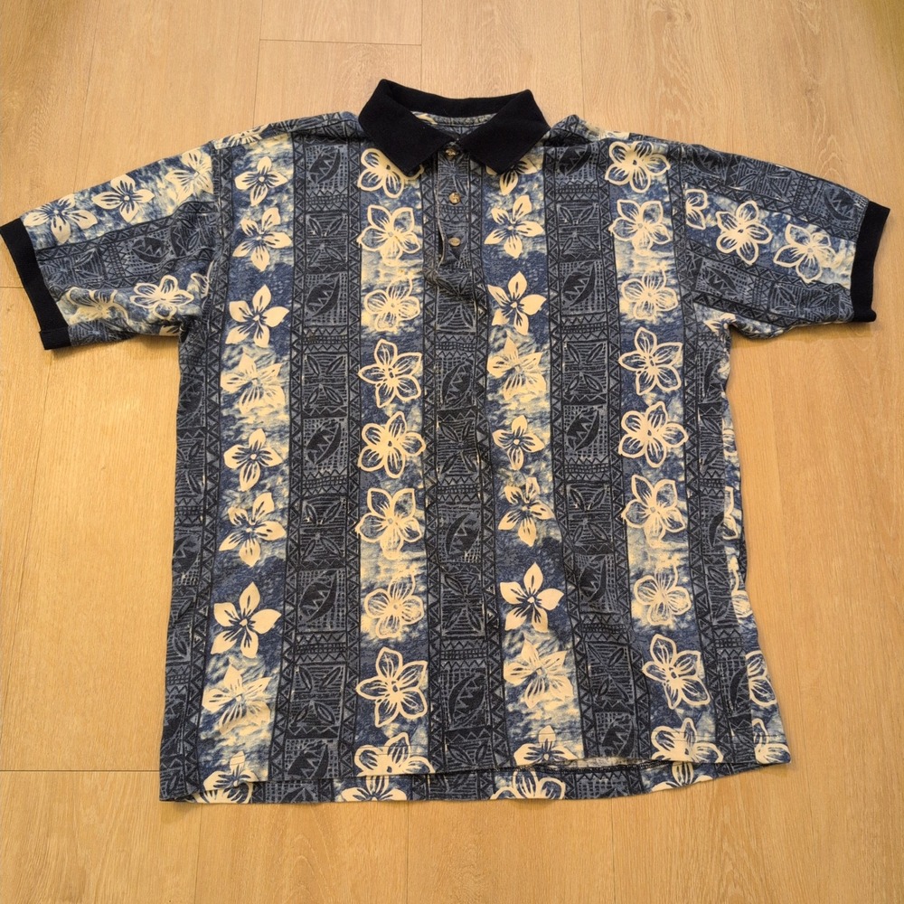 VTG Maxx Hawaiian Polo Shirt Men's Medium Ocean Hibiscus flower Stripe Blue
